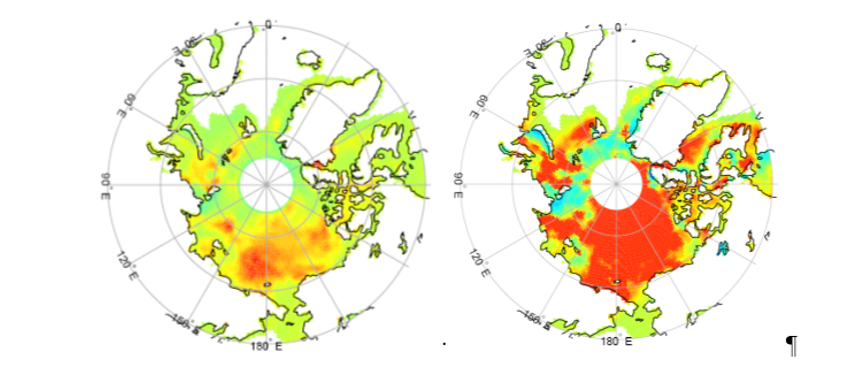 north polar projection maps showing an increase in heat input from satellite data
