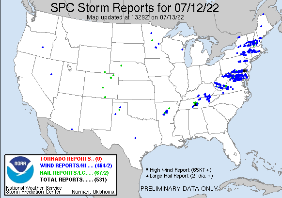 spc storm report map showing many reports in the DC area