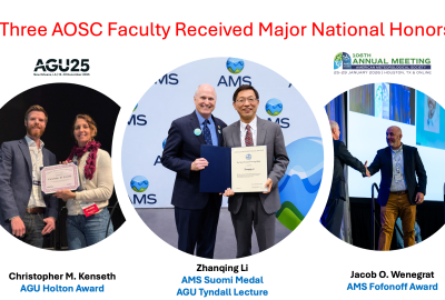 photos of Professor Li, Wenegrat, and Kenseth on stages receiving awards at agu and ams