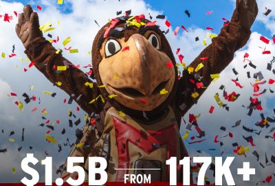 Image of Testudo showered in confetti with amount of money raised and number of donors in the corners
