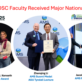 photos of Professor Li, Wenegrat, and Kenseth on stages receiving awards at agu and ams